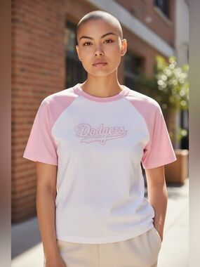 Dodgers Women’s Glitter Tee | Pink & White | Size Small